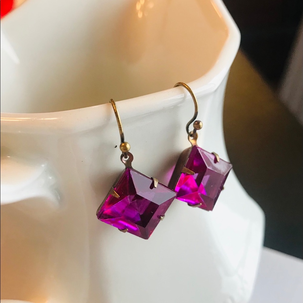 Vintage Pink Brass Earring Magenta Earrings